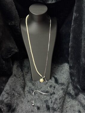 Adjustable Beaded Lariat Sweater Necklace Cream Pearl Bead Long Layering Jewelry